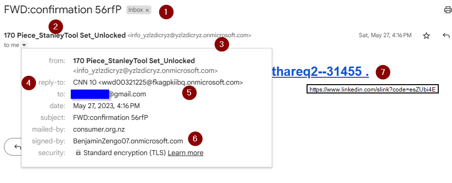 Sample phishing email - detail on the visible gmail headers.
