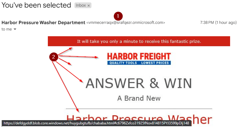 Sample phishing email - first third of fake HFT ad for a free pressure washer.